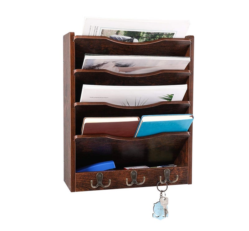 PAG 5-Tier Wall File Holder Hanging Mail Organizer Wood Magazine Literature Rack with 6 Hooks, Brown - Image 2